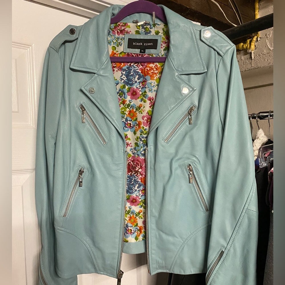 Genuine leather motorcycle style jacket- light blue
